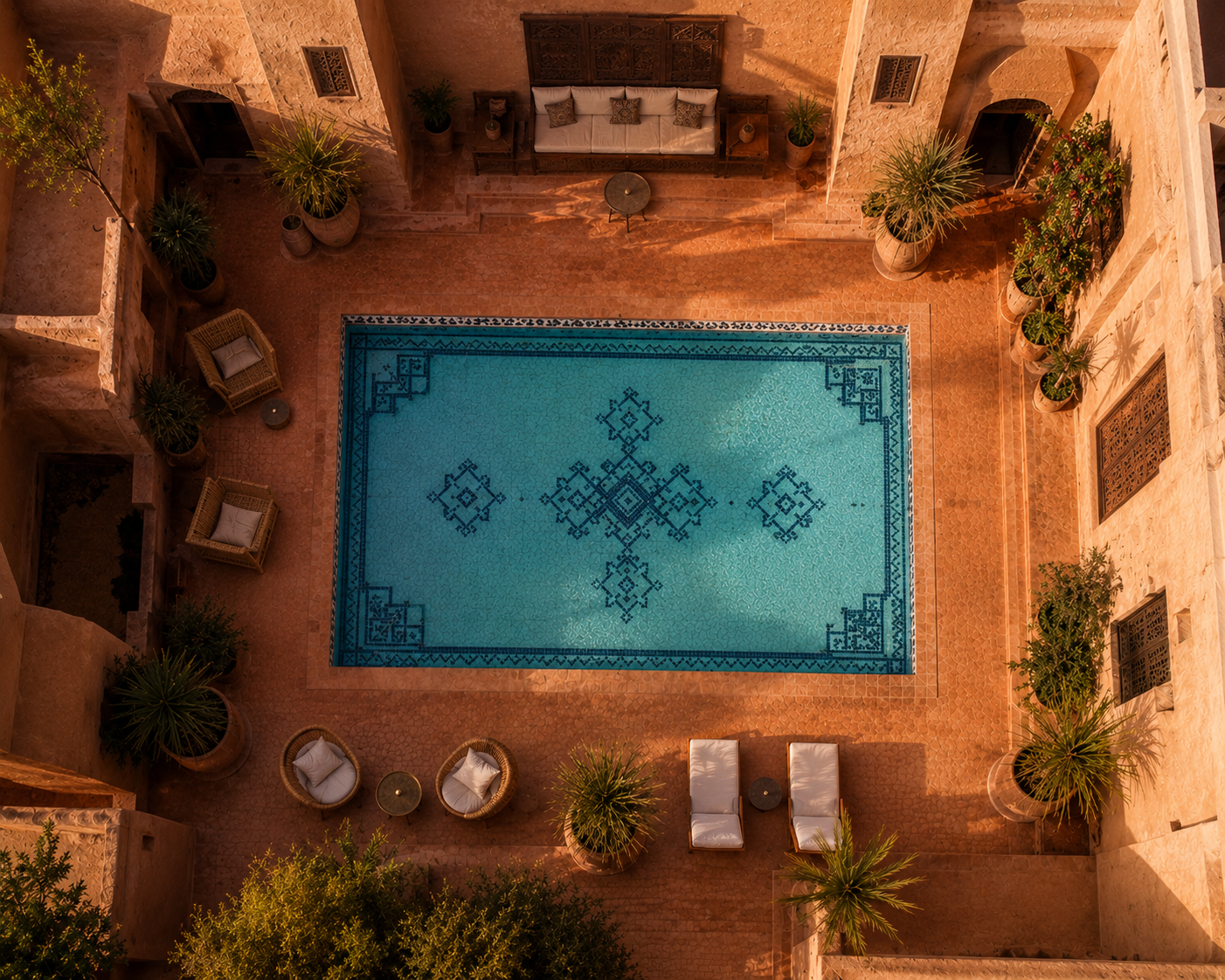 Kasbah Indigo, Fez — Arte abstracto bereber piscina de lujo, Bassform