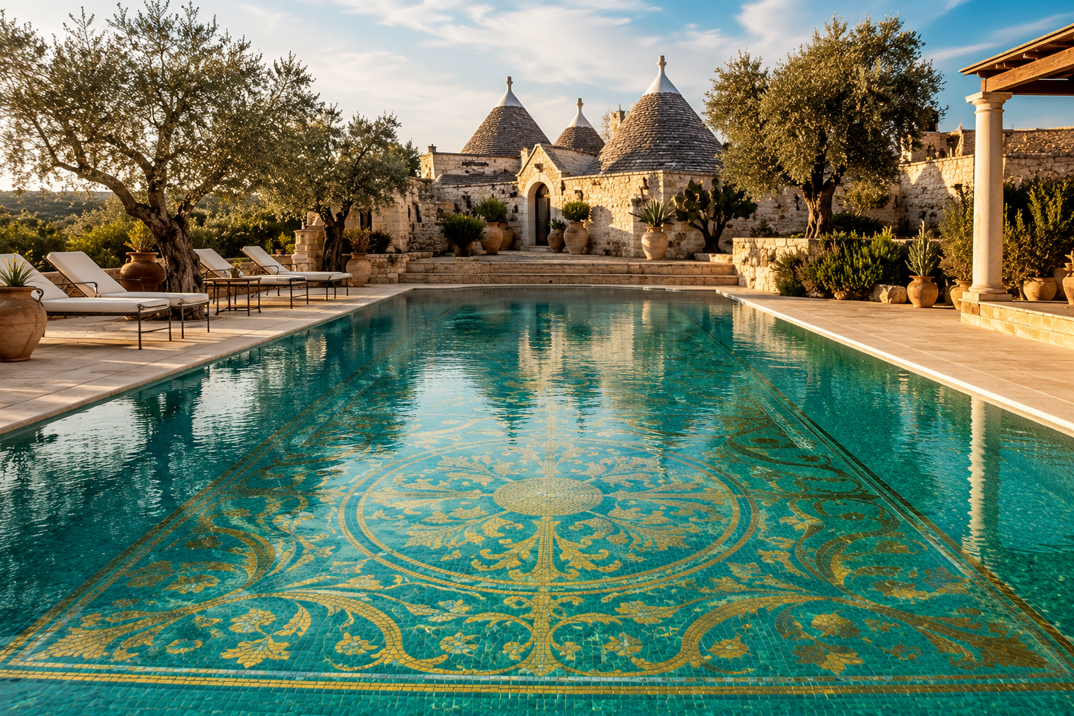 Masseria Dorata, Puglia — Mosaico dorado piscina de lujo, Bassform