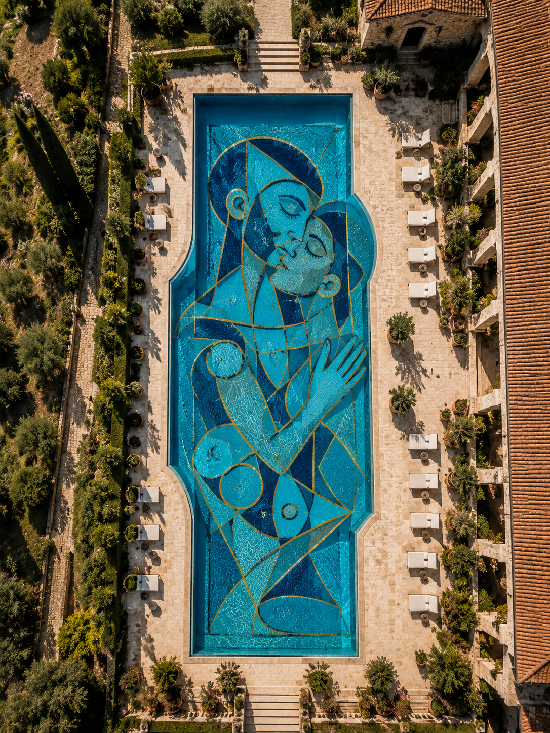 Arte figurativo de gran formato — figura humana en piscina de lujo, Bassform