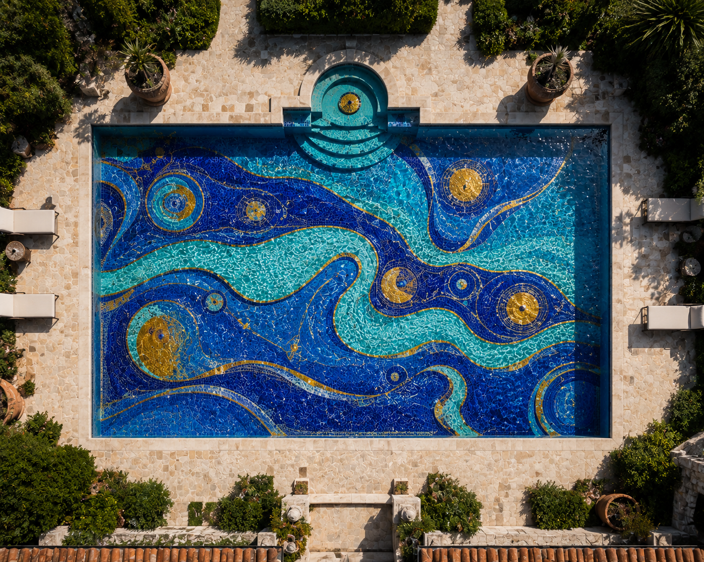 Mosaico mediterráneo artesanal — teselas con luz refractada, Bassform